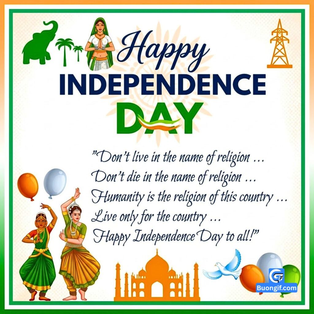 Indian Independence Day poster with tricolor quotes, classical dancers, a namaste woman, and Taj Mahal silhouette.