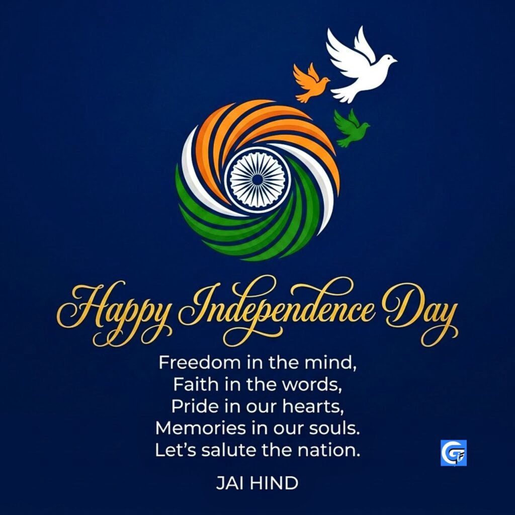 Doves and flag circle design with text Happy Independence Day Freedom in the mind JAI HIND.