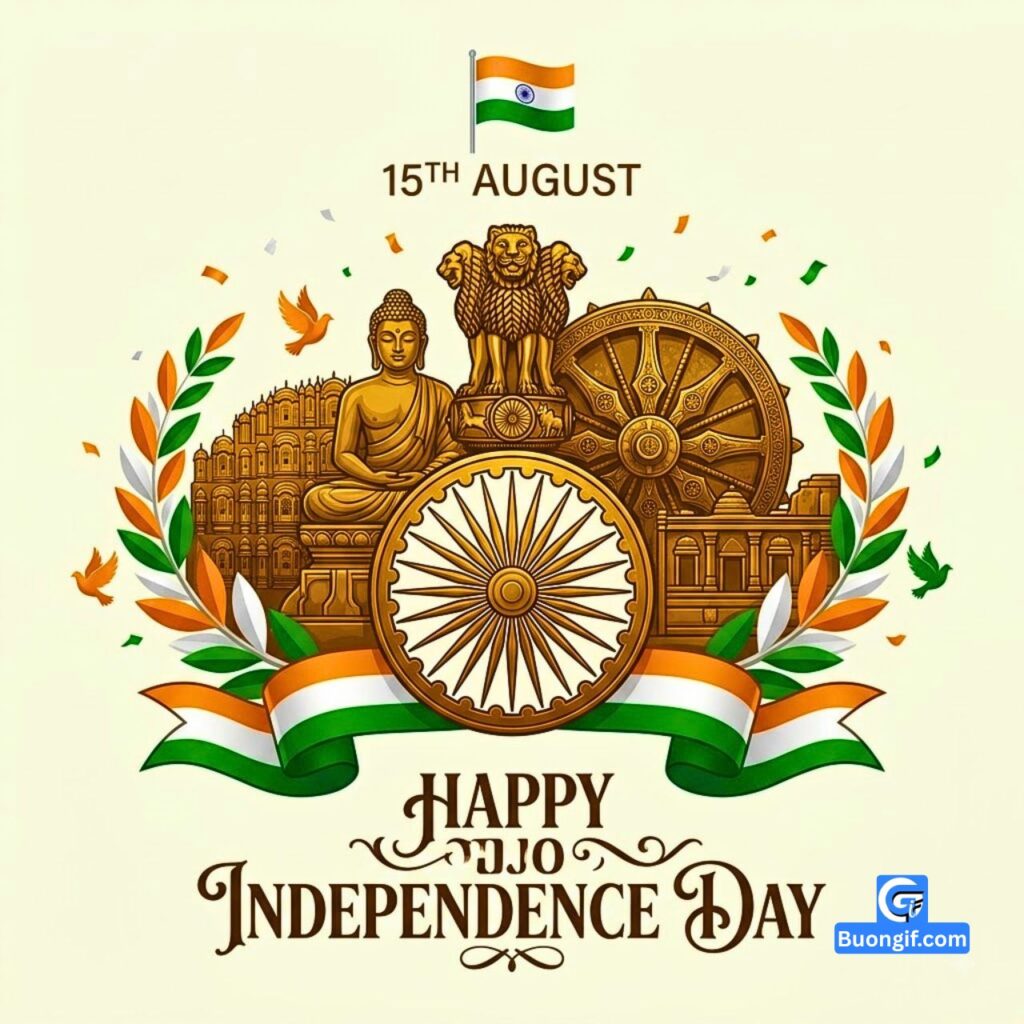 Vector illustration of Ashoka Chakra, Lion Capital, Buddha, flag, and text: 15TH AUGUST and HAPPY INDEPENDENCE DAY.