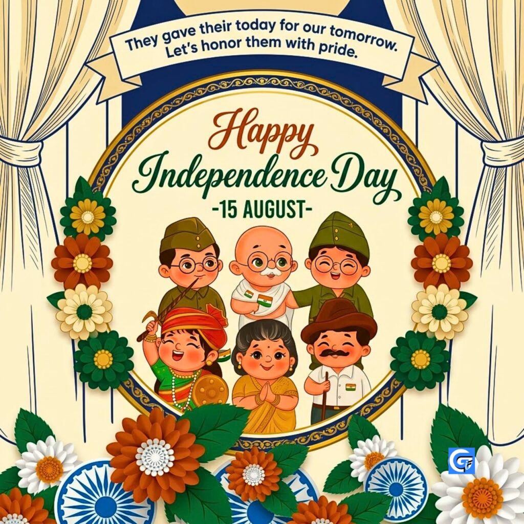 Cartoons of Indian historical heroes on a stage, with text: "Happy Independence Day -15 AUGUST-".