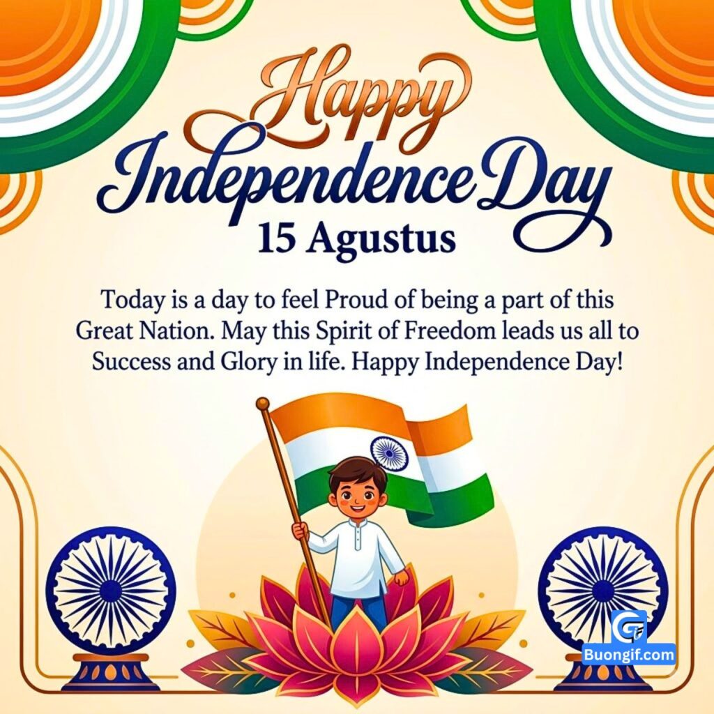 Vector poster with large elegant script Happy Independence Day and a standing boy with Indian flag.