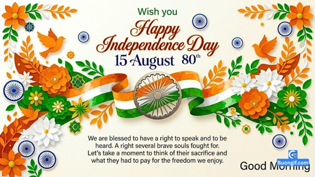 Illustrated paper-cut flowers, birds, Ashoka Chakra, Indian flag ribbon, and comprehensive English celebratory text.