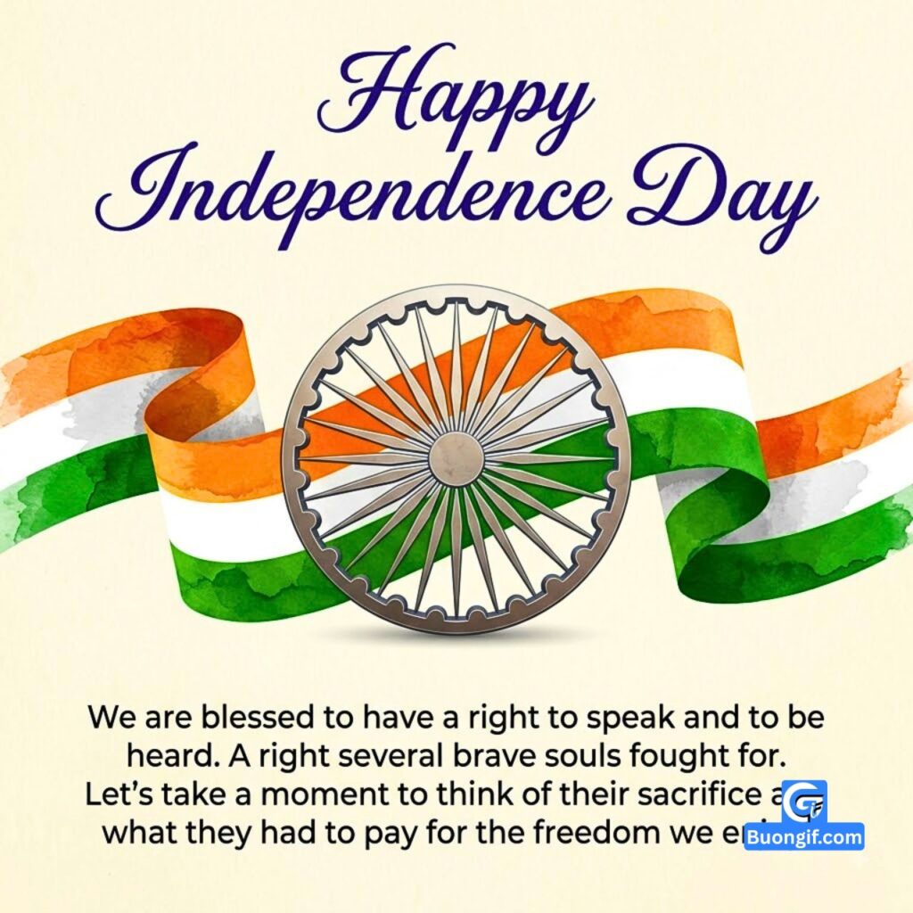 Watercolor Indian flag ribbon, central Ashoka Chakra, and "Happy Independence Day" text with quote.